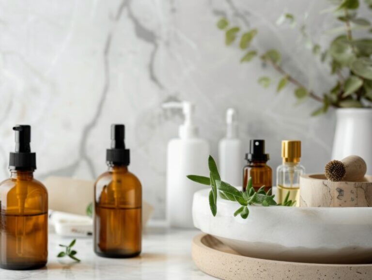 Aesthetic organic apothecary beauty bottles on marble counter with greenery evoke a serene and luxurious vibe Aesthetic organic apothecary beauty bottles on marble counter with greenery evoke a serene and luxurious vibe